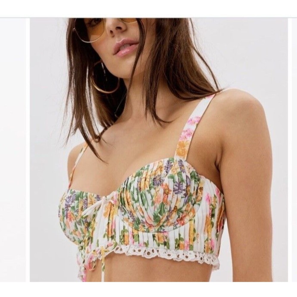 For Love & Lemons Floral Striped Crop Top in White, Pink, Yellow, Green